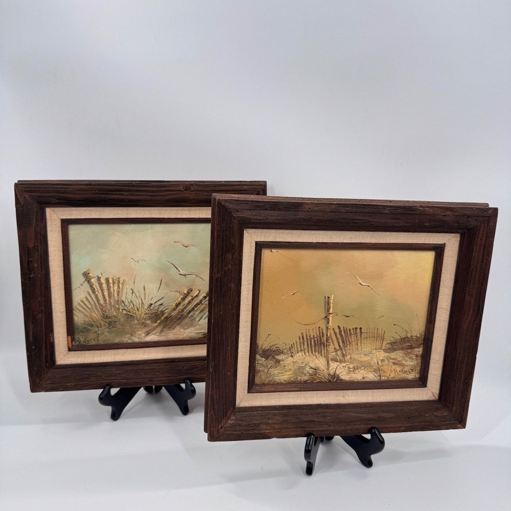 Pair of Vintage H.Gailey Coastal Oil Paintings – Sand Dunes & Seagulls